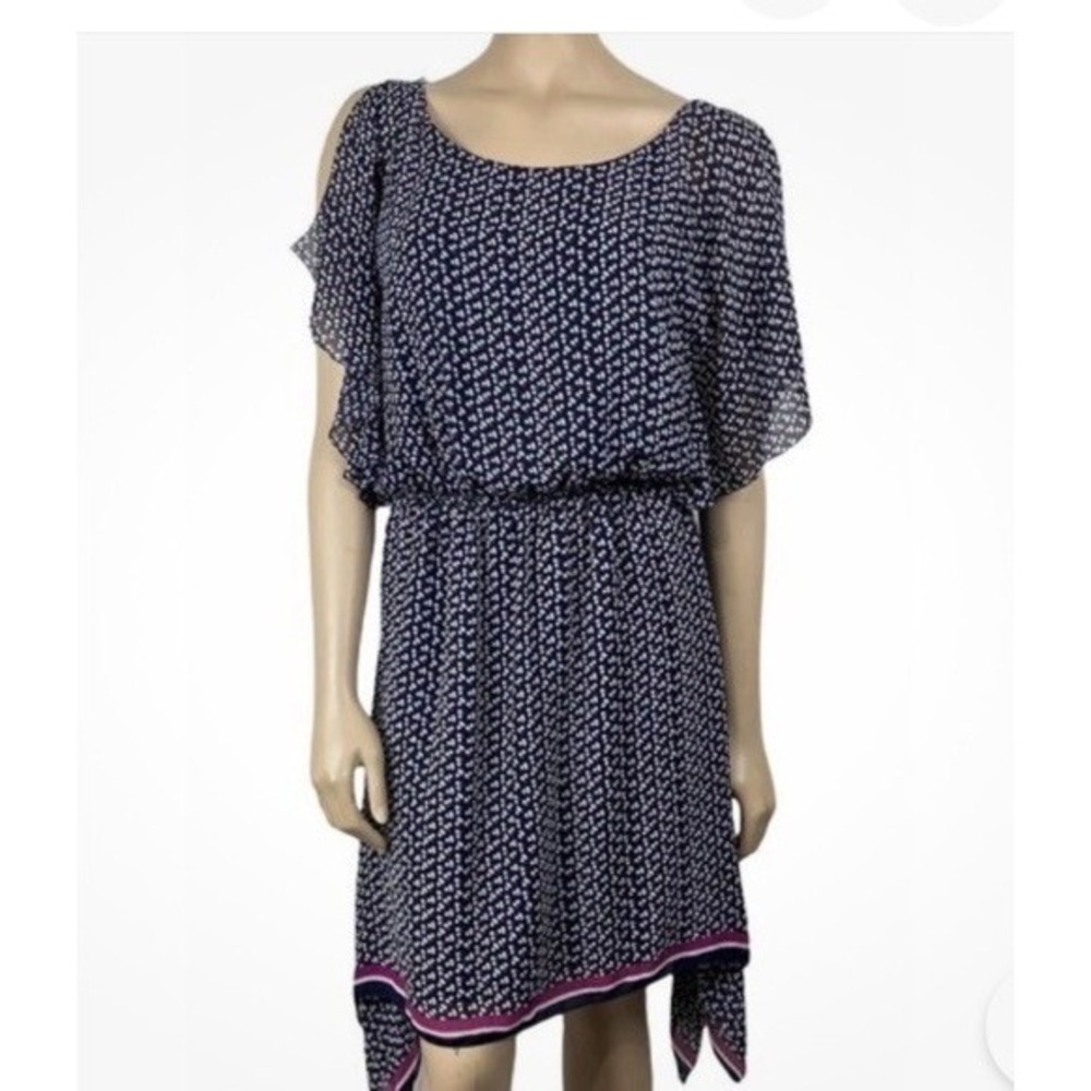 Max Studio Womens‎ Asymmetric Dress Navy Geometric Scoop Elastic Waist M